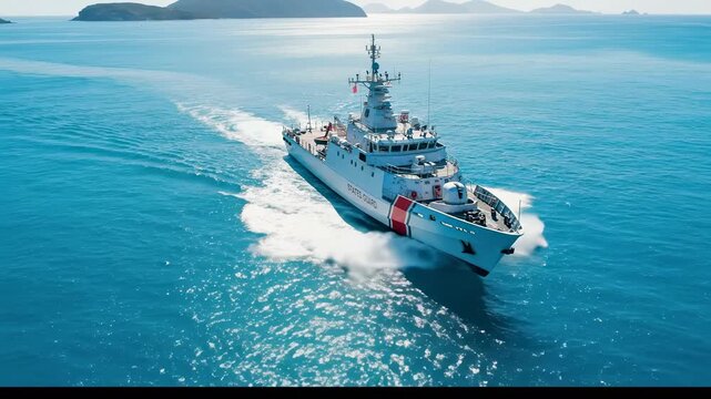 Large vessel navigating open water under sunlight near landmass