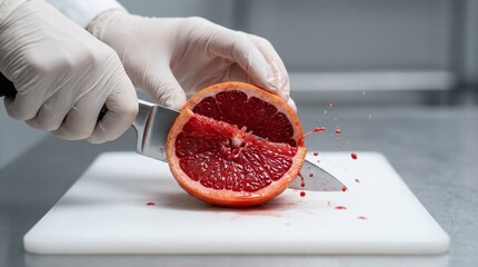 Chef in Gloves Slicing Fresh Blood Orange with Juice Splashing on White Cutting Board
