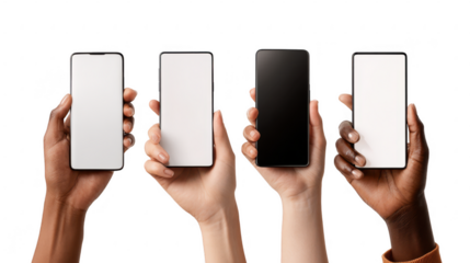 Diverse hands holding mobile phones with blank screens isolated on transparent background