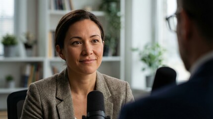 Professional Business Woman Speaking into Microphone During Podcast Interview in Modern Studio