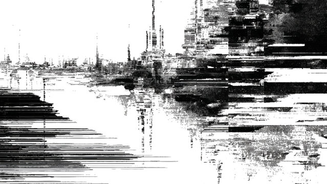 Distressed black and white cityscape with abstract glitch effects and urban skyline in background  distorted modern architecture