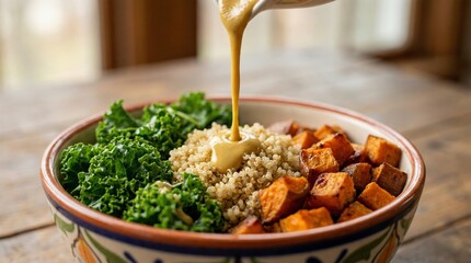 Healthy Quinoa Bowl with Roasted Sweet Potatoes and Kale Topped with Creamy Tahini Dressing Pour