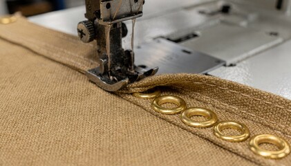Medium shot of industrial press feeding brass grommets into heavyduty canvas showcasing shiny metalwork and precise edge alignment for durable outdoor gear fabrication.