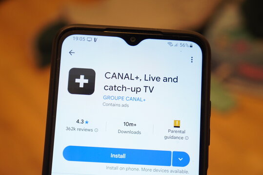 CANAL+ app page on a smartphone screen showing live and catch-up TV options