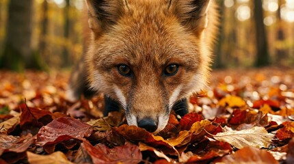 Extreme Close-up of a Red Fox Sniffing Through Autumn Leaves in a Golden Forest