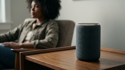 Smart Speaker Voice Assistant on Table with Woman in Background, Home Automation and AI Technology Concept