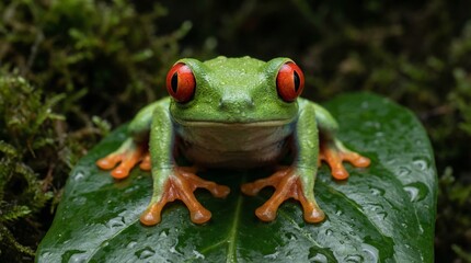 Red-Eyed Tree Frog Portrait on Wet Green Leaf in Tropical Rainforest