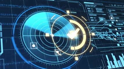 Blue radar screen with glowing sweep and data overlay showing detection markers and analytics futuristic interface conveying cybersecurity monitoring and threat detection sweeping beam and data - Powered by Adobe