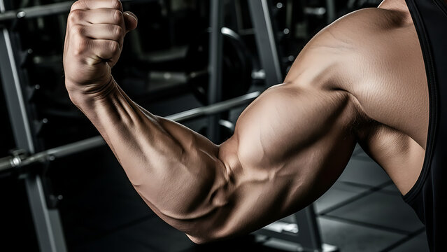 A muscular man flexing his arm in a modern gym with a dramatic pose - Powered by Adobe