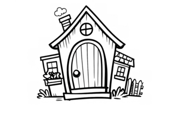 Cute cartoon house line art drawing with chimney and round door, a whimsical doodle in black and white