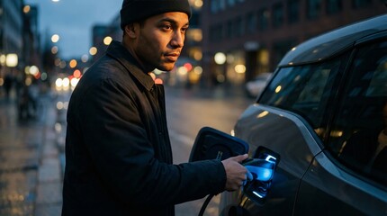 Young Man Charging Electric Vehicle at a Public Station in a Modern City at Night