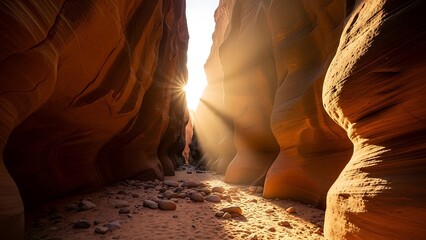 Sandstone canyon with sunlight shining through.