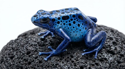 Blue Poison Dart Frog (Dendrobates tinctorius azureus) on Volcanic Rock Isolated on White Background