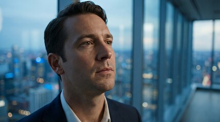 Successful Corporate Executive Looking Out of Skyscraper Window at City Skyline Night View