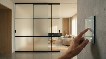 Hand Interacting with Smart Home Control Panel on Concrete Wall in Modern Minimalist Interior