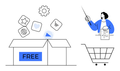 Open box marked FREE releasing app icons, gears and tools person explaining with paper shopping cart nearby. Ideal for e-commerce, digital marketing, learning, free services, technology, innovation