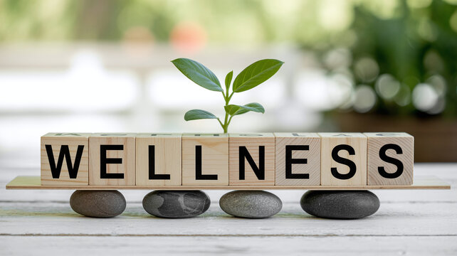 Wellness Wooden Blocks Balanced on Zen Stones with Green Sprout for Holistic Health Growth and Mindfulness Balance Concept
