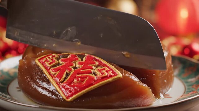 Slicing a traditional Chinese New Year cake with a knife. Close-up of Nian Gao, a glutinous rice dessert for the Lunar New Year. Festive food and cultural celebration