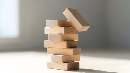 wooden blocks stacked in a delicate vertical balance, one block slightly tilted, symbolizing instability and risk, soft natural light, shallow depth of field, light blurred background,