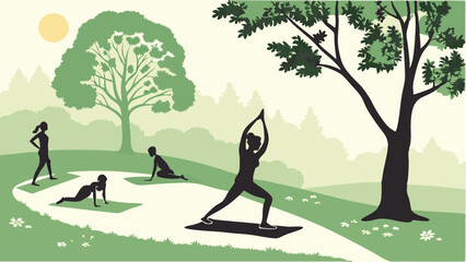 Outdoor Group Yoga Session Silhouette in Sunny Park for Wellness Website Design and Health Promotion Flyers