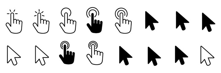 Fototapeta premium Arrow and hand pointer cursor icon set featuring computer mouse click symbols, ranking indicators, and navigation elements for modern user interface design, web apps, software dashboards, and digital 