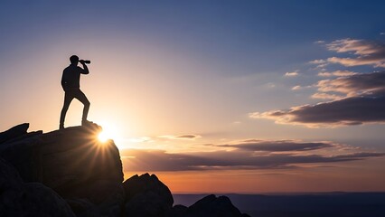 Man hiking with binoculars at mountain summit during breathtaking golden hour sunset, adventure and exploration concept