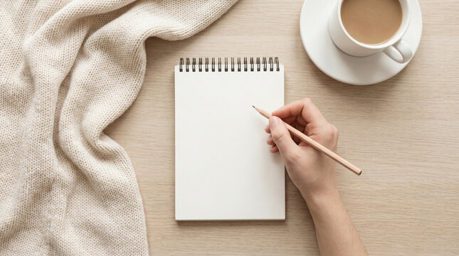 Writing check list concept. Pov top above overhead close up view photo of female hand making notes in empty notepad near white plaid and hot cup of coffee