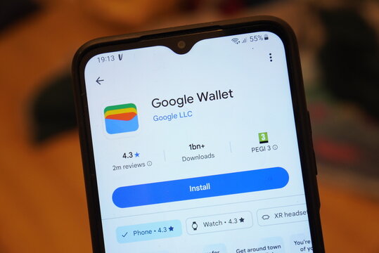 Google Wallet app page on a smartphone screen showing install button and download count