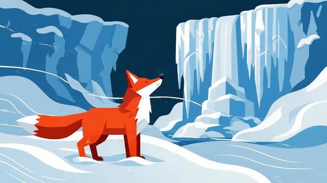 Animated Orange Fox In Snowy Landscape With Ice Formations For Creative Projects