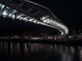 Zubizuri bridge illuminating nervion river at night © larrui
