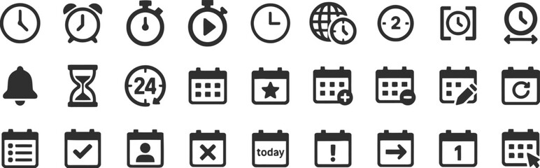 clock, time, calendar, date, schedule, vector, icons, set, alarm, stopwatch, timer, hourglass, bell, globe, management, events, reminder, alert, agenda, hour, minute, second, deadline, notification, a