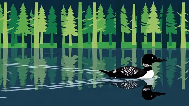 Animated Seamless Loons Swim In Tranquil Lake With Reflecting Trees Loopable Stock Footage
