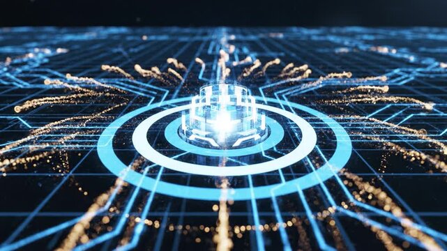 Glowing data hub blue circuit grid golden particle streams futuristic circuit board digital map glowing blue lines data network central hub neon grid converging central target illuminated techno city