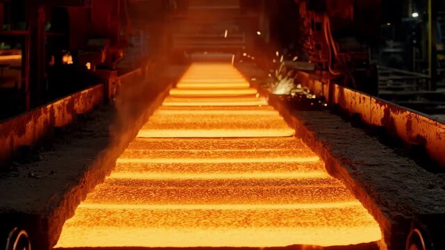 Wide medium shot of molten aluminumsilicon alloy cooling on a conveyor belt featuring the gradual solidification and formation of strong resilient metal sheets.