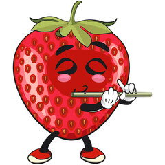 cute strawberry cartoon mascot character playing the flute vector illustration, work of hand drawn