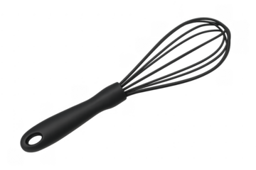 Black kitchen whisk for cooking and baking on transparent background