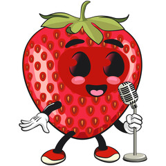 cute strawberry cartoon mascot character on front of the mic smiling vector illustration, work of hand drawn