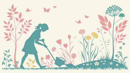 Gardening Woman Silhouette Watering Flowers in Spring Meadow for Eco Lifestyle Blog Web Design Summer Season