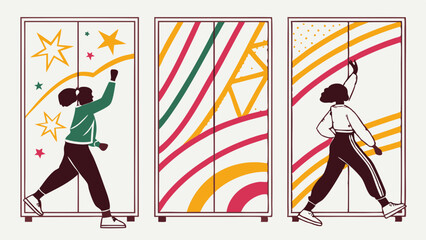 Diverse Young People Opening Colorful Wardrobes Representing Self-Expression, Identity Choice, and Personal Growth Journey