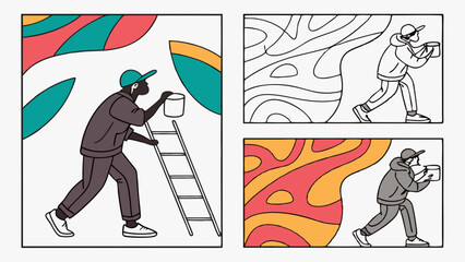 Mural Painter Creating Vibrant Abstract Wall Art on Ladder for Urban Interior Design Project or Community Space Renovation