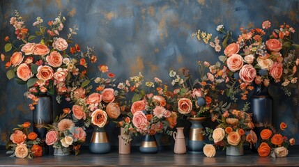 A stunning display of vibrant roses and assorted flowers arranged in various vases, set against a textured blue and gold background, creating a warm and inviting atmosphere for floral enthusiasts