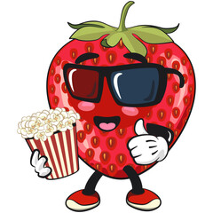 cute strawberry cartoon mascot character with a bucket of popcorn with wearing 3d glasses smiling vector illustration, work of hand drawn