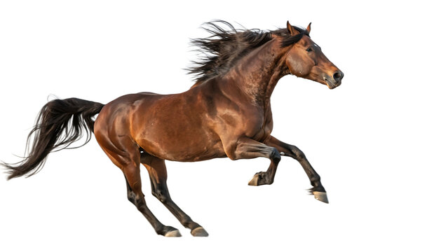 Handsome brown stallion galloping and jumping isolated cut out on PNG. AI GENERATED.