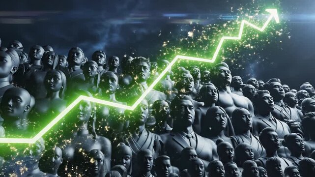 Crowd of diverse statue figure stands united glowing upward financial chart line dramatic lighting and spark conveying ambition and collective progress dark crowd of diverse statue figures arranged