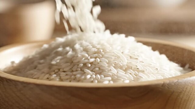 Slow motion close-up of white rice pouring into a wooden bowl. Uncooked grains falling to prepare a meal. Healthy food and cooking ingredient concept