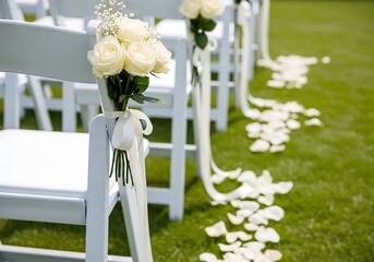 Elegant Outdoor Wedding Aisle Decor: White Roses, Petals Path & Chair Ribbons Inspiration