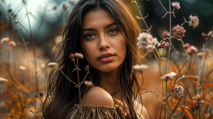 A woman with long dark hair stands in a field of wildflowers.