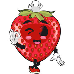 cute strawberry cartoon mascot character as chef give oke sign smiling vector illustration, work of hand drawn