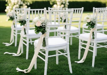 Romantic Blush Pink Wedding Chair Decor: Outdoor Ceremony Setup with Roses, Ribbons & Greenery