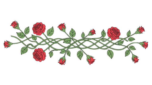 A digital illustration of intertwined rose vines with blooming red flowers and green leaves on a white background